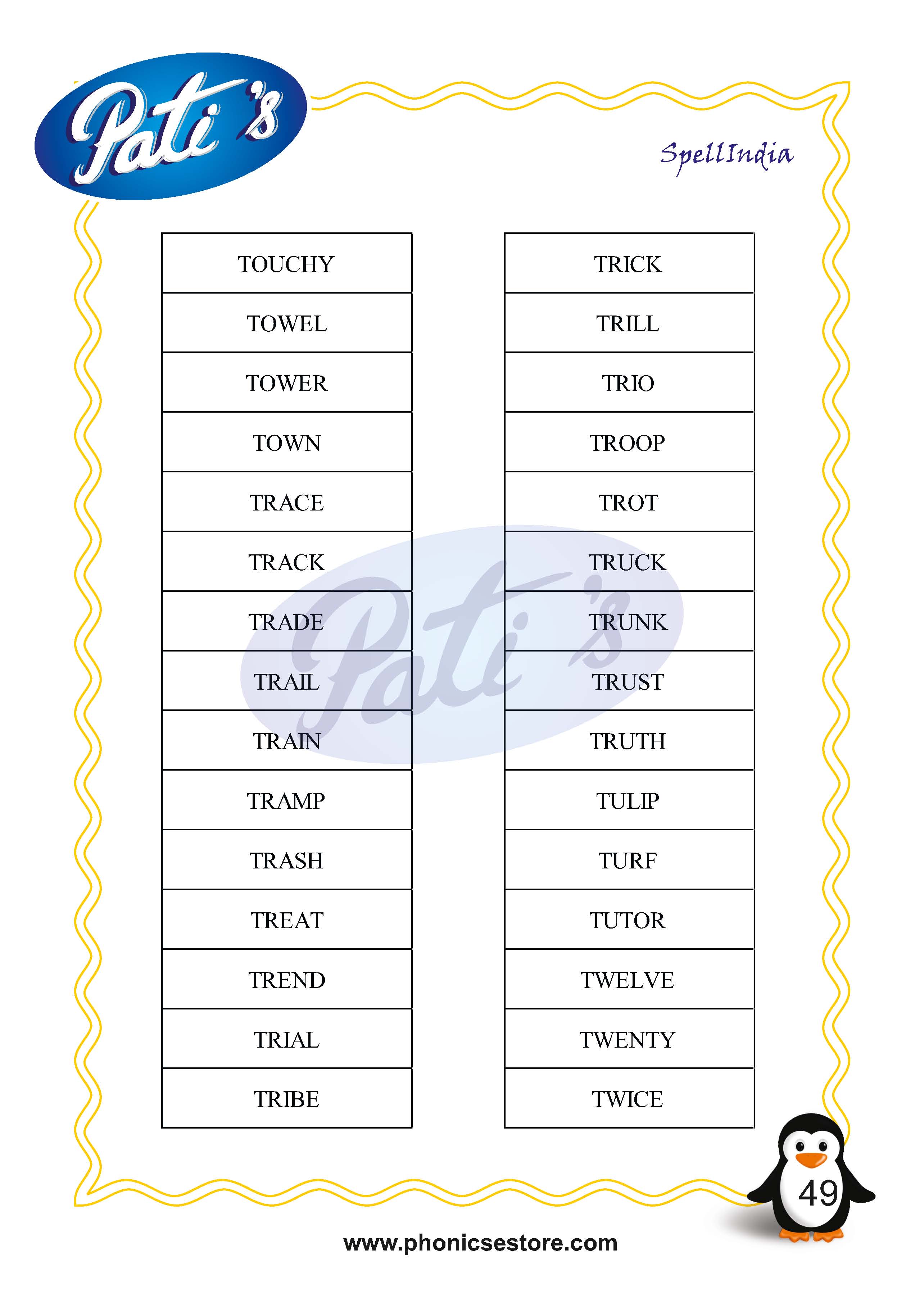 Pati Spelling Bee word list Class 2 Grade 2